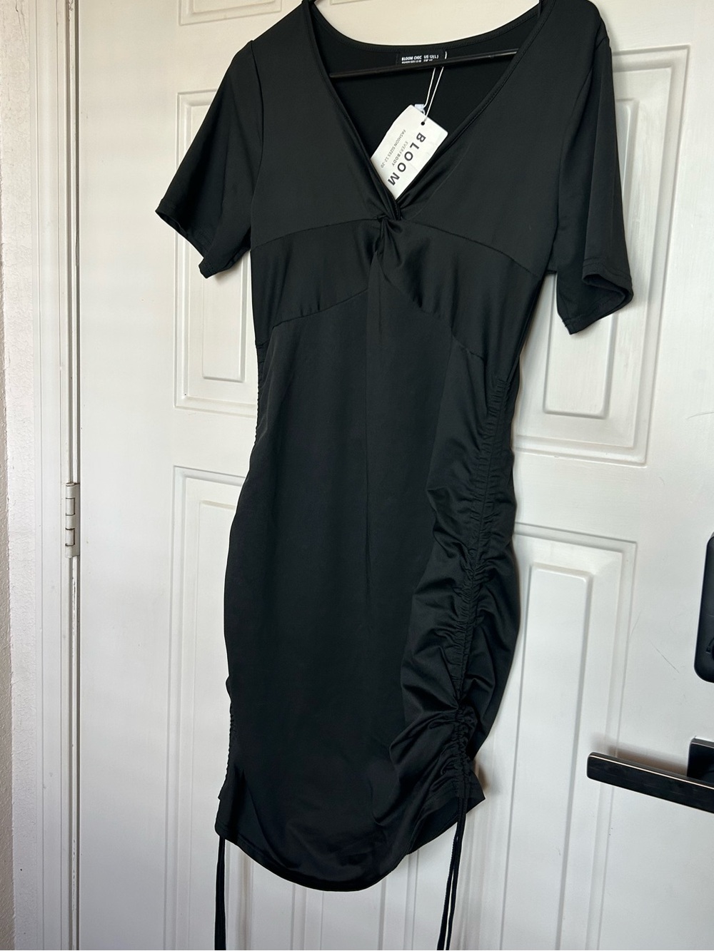 Bloom Chic Black Ruched V-Neck Midi Dress